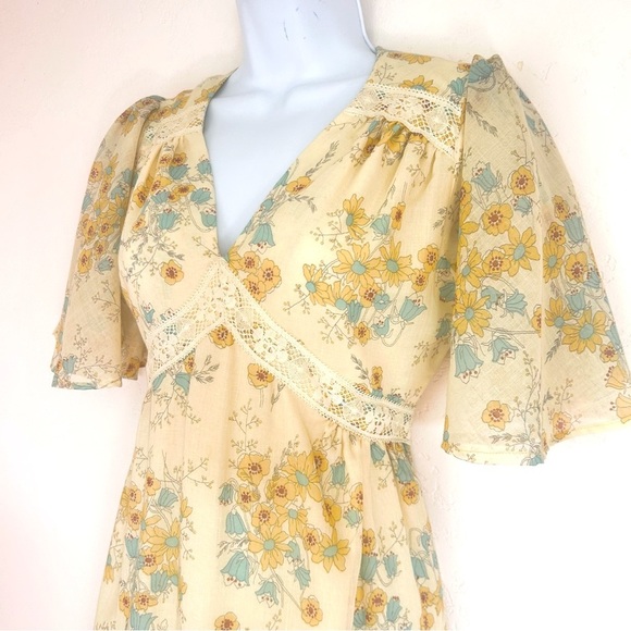ACT I NEW YORK VTG 70s Pale Yellow Boho Floral Flutter Sleeve Maxi Dress Sz 7 S - Picture 3 of 14